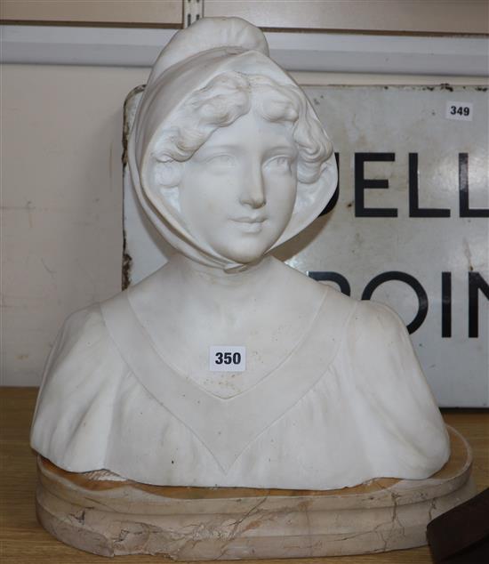 A marble bust of a lady wearing a bonnet, height excluding stand 38cm